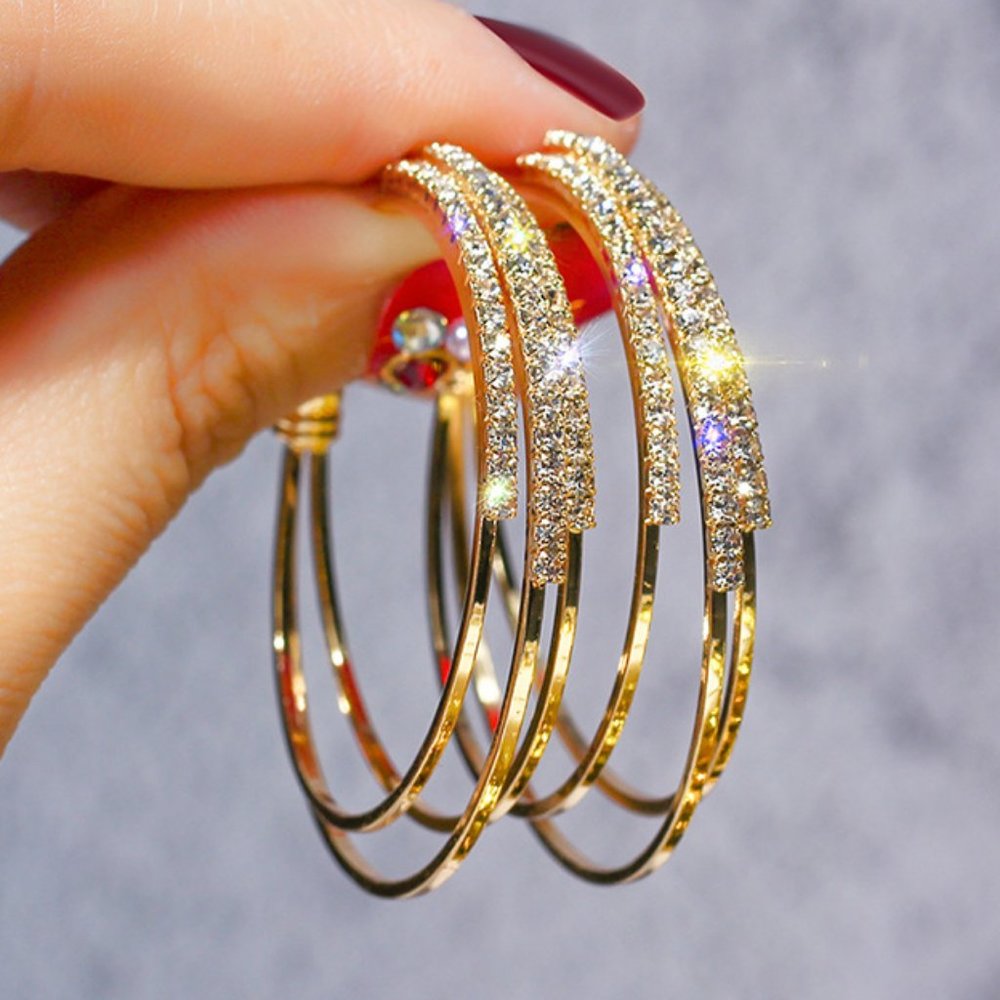 NEW 1.75'' Gold Round Diamond Triple Layer Hoop - Picture 1 of 8